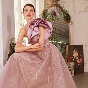 NEW FORMAL ROSETTE EMBELLISHED MAXI A-LINE GOWN W/ONE SHOULDER NECKLINE CD A1373